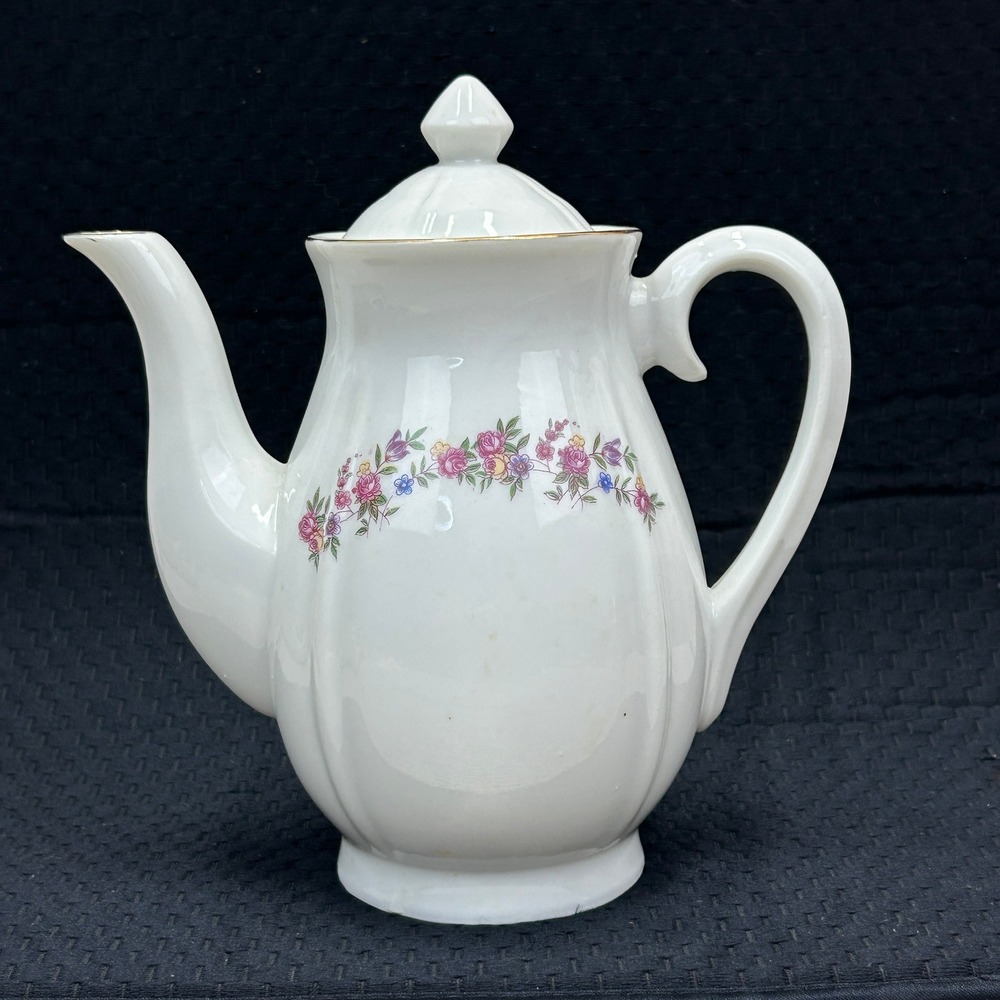 Vintage Japan White‎ Porcelain Floral Teapot Gold Trim Ribbed Tea Pot with Lid